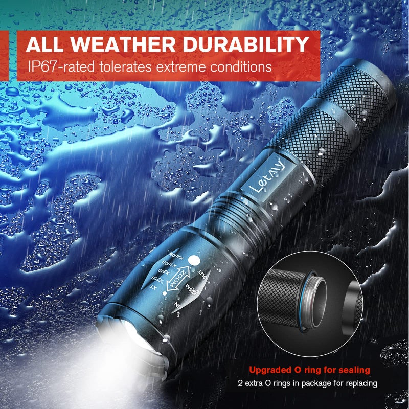 LETMY LED Tactical Flashlight S2000 [4 Pack] - High Lumens, Zoomable, 5 Modes, Waterproof Handheld LED Flashlight - Best Camping, Outdoor, Emergency, Everyday Flashlights - Image 5